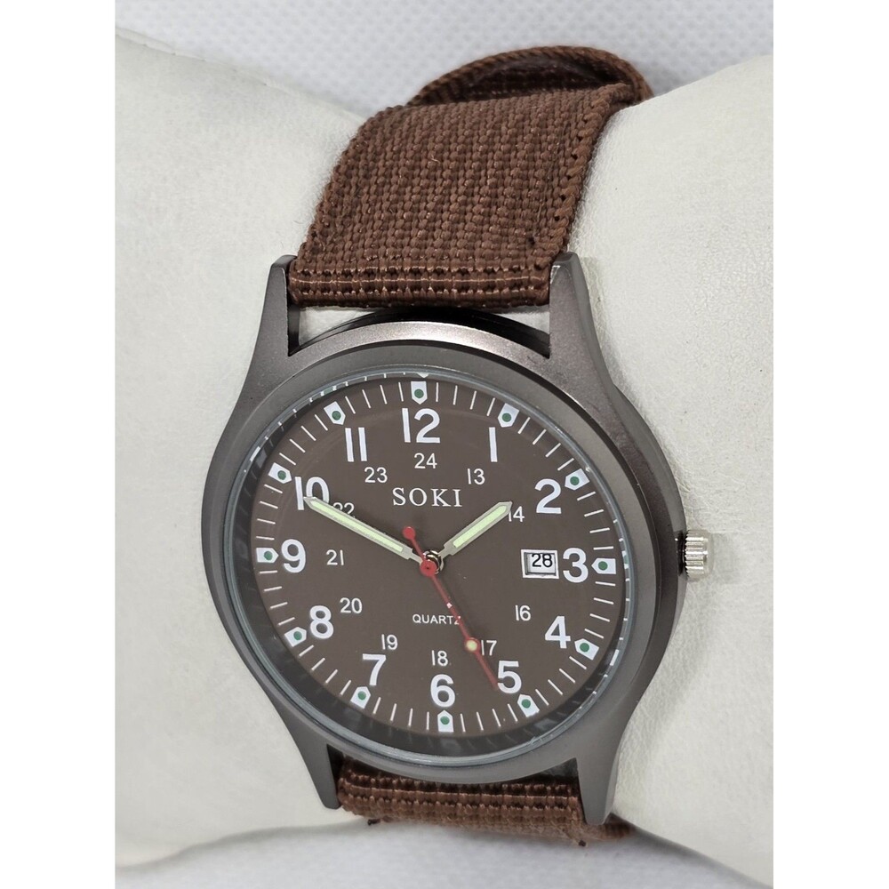 Men's SOKI US Military Army Calendar Analog Quartz Brown Canvas Band Watch 07 - Picture 2 of 9